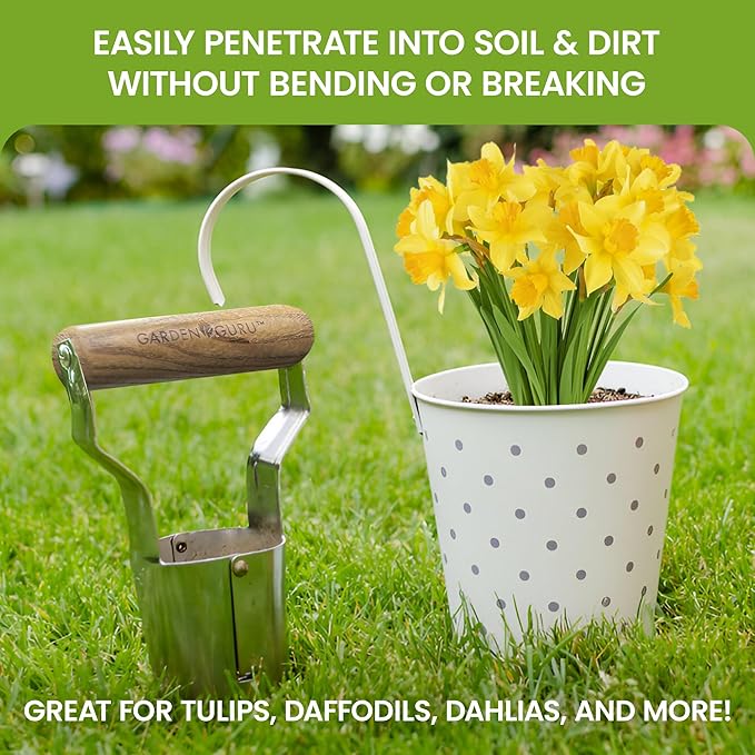 Garden Guru Eco Bulb Planter - 100% Recycled Stainless Steel - Rust Resistant - FSC Certified Wood Ergonomic Handle - Depth Marker for Consistent Planting Flowers Tulips, Daffodils, Dahlias(2Pack)