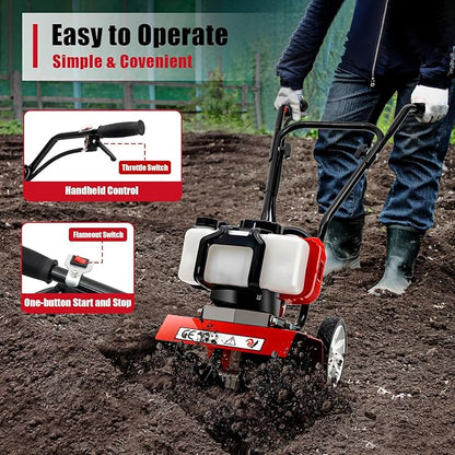 52CC Gas Powered Garden Tiller/Cultivator, 2 Stroke Mini Tiller for Gardening,1.65KW Hand Tiller, Garden Tools, Rototiller Cultivator with Long Handle,Tiller Machine for Plow, Turn The Soil