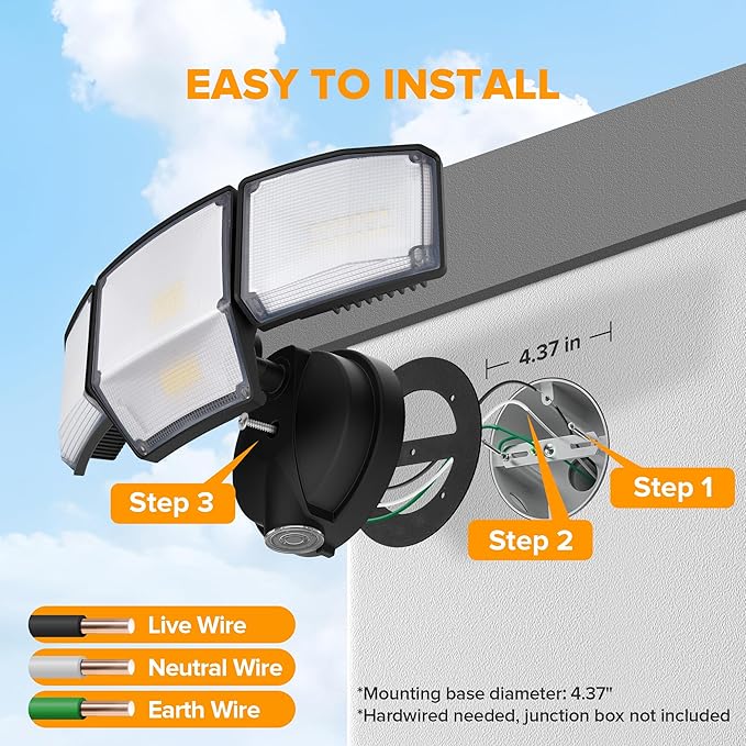 LUTEC 80W Dusk to Dawn Flood Lights Outdoor, 9000LM Super Bright LED Security Light with Photocell, IP65 Waterproof, 5000K Daylight, Hardwired 4 Heads Floodlight for Garage, Yard -2 Pack (Black)