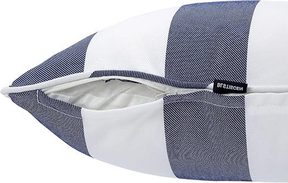 Outdoor Throw Pillow with Insert 18x18 Inch, Set of 2, Piping Edge Waterproof Fade Resistant Decorative Fluffy Pillows for Patio Furniture Chair Bench Couch Sofa - Navy White Striped