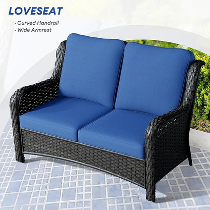 HOOOWOOO Patio Outdoor Furniture with Large Fire Pit Table,High Back 6 Piece Wicker Patio Conversation Set with Swivel Chairs,7 Person Couch Sofa Seating,Navy Blue