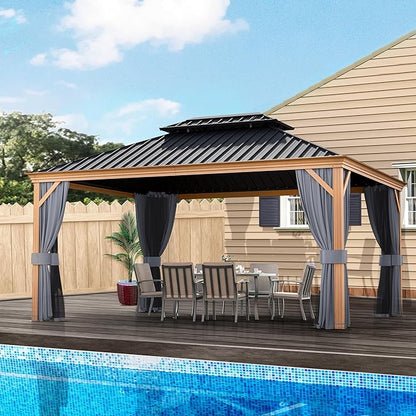 HAPPATIO 12' x 16' Hardtop Gazebo, Outdoor Wood Grain Frame Aluminum Gazebo, Double Roof Permanent Patio Canopy with Netting and Curtains for Garden, Patio, Lawns, Parties (Grey)