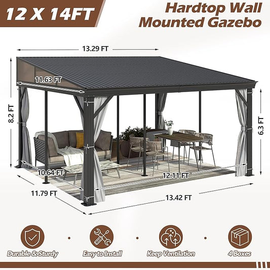 12' x 14' Hardtop Wall Mounted Gazebo, Lean to Gazebo with Galvanized Steel Roof Aluminum Frame Wall Gazebos Pergola with Netting&Curtains for Outdoor, Backyard, Patio