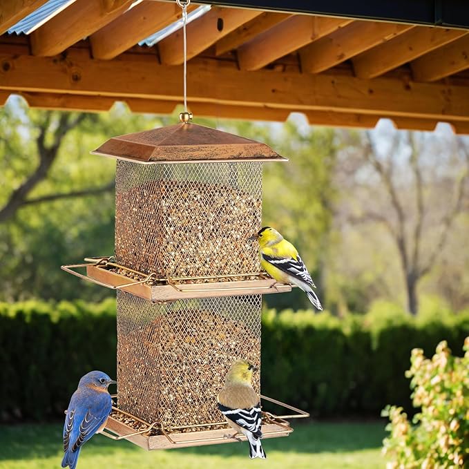 Large Bird Feeder, Double Tier Metal Bird Feeders for Outdoors, Square Tower Birdfeeder for Decorating Courtyard, Garden, Birds Watching, Gifts