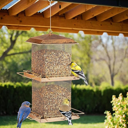 Large Bird Feeder, Double Tier Metal Bird Feeders for Outdoors, Square Tower Birdfeeder for Decorating Courtyard, Garden, Birds Watching, Gifts