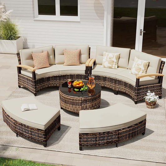 MEISSALIVVE 8 Piece Outdoor Patio Furniture Set, Half-Moon Curved Sectional Set with Wood Armrests, 2 Half-Moon Ottomans, Round Table (Brown)