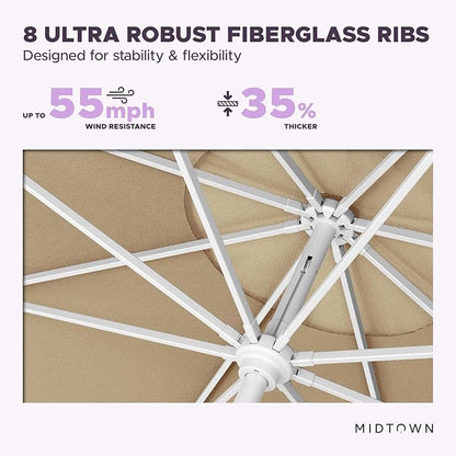 Midtown Umbrellas The Swilt 8 Feet Patio Umbrella in Sunbrella Heather Tan Acrylic Fabric - Fiberglass Ribs, Auto-Tilt Aluminum Frame For Backyard, Deck, Garden, Pool - White Pole