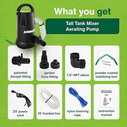 Aeromixer Tall 3/4 HP Submersible Mixing + Aerating Pump - Submersible Water Pump for Nutrient Mixing and Aerating, Electric Garden Water Pumps, Heavy Duty Outdoor Pumps for Farming and Gardening