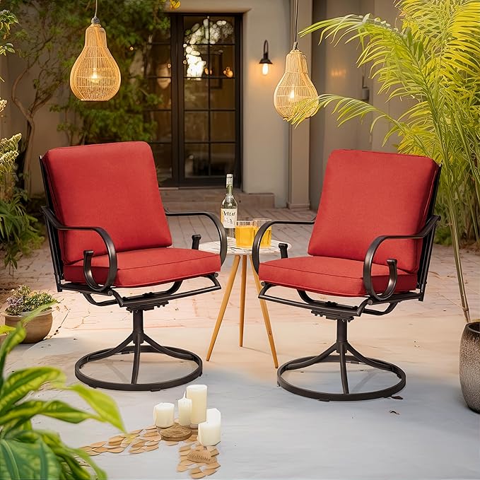 MELLCOM Patio Swivel Chairs Set of 2, Heavy Duty Outdoor Dining Chairs with Thickened Cushions, Metal Patio Chairs Gentle Rocker for Outside, Backyard, Red