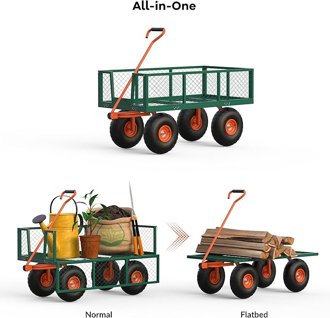 900LB Capacity Garden Cart, 3-in-1 Heavy Duty Utility Wagon with 13" All-Terrain Tires, Removable Mesh Sides & 180° Swivel Handle - Outdoor Yard Cart for Gardening, Farming, Patio Use