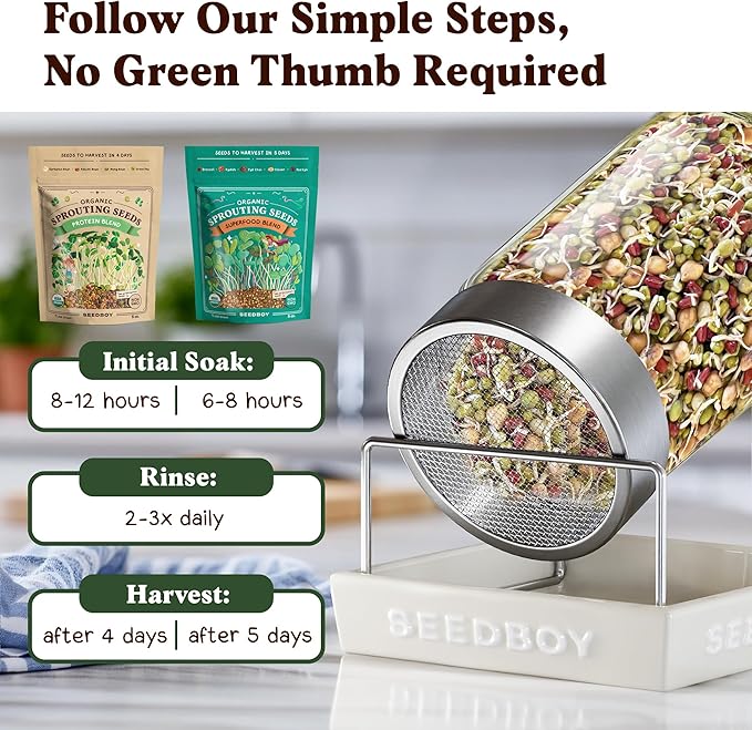 Seedboy Organic Non-GMO Sprouting Seeds, Superfood & Protein Blend – 2 Pack Bundle – USA Grown Sprouting & Microgreens Seeds – Two 8 oz Bags Makes 12 Quarts / 36 Servings (Superfood/Protein)