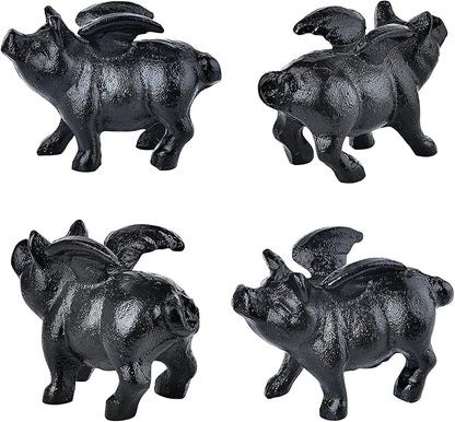 Sungmor Whimsical Cast Iron Flying Pig Statue, 2pcs Rustic Black Cute Little Piggy Paperweight, Garden Collection Figurine Home Office Desk Ornament, Indoor Outdoor Animal Statues