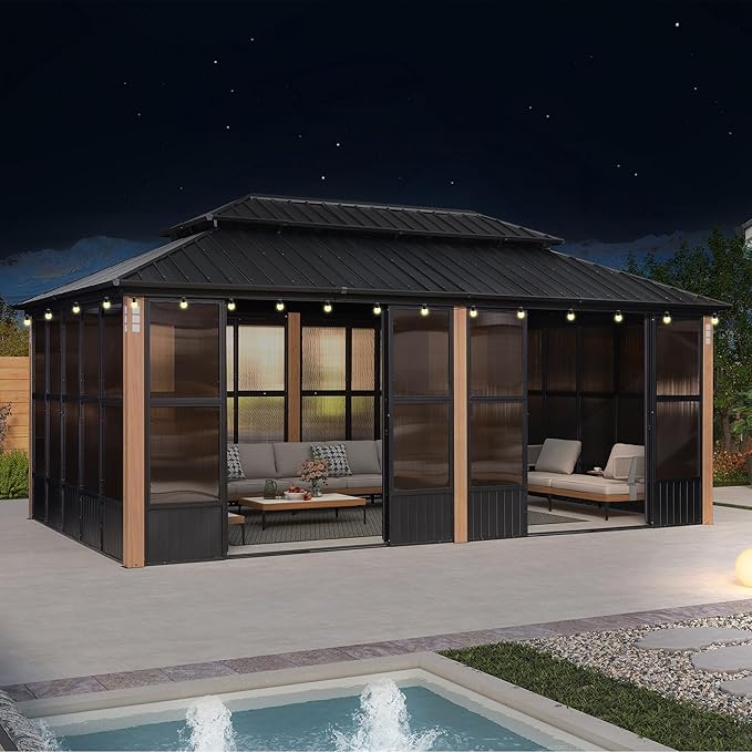 PURPLE LEAF 12' X 20' Patio Hardtop Gazebo Double Top Outdoor Screen House Aluminum Solarium Backyard Sun Room with Detachable Windows and 36 Solar String Light