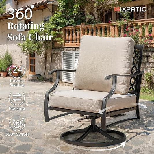 Patio Furniture Set 4 pcs, Metal Outdoor Patio Furniture, 3-Seat Sofa, 2 Swivel Chairs, Metal Coffee Table and 5.75" Extra Thick Cushion, Patio Conversation Set,Beige