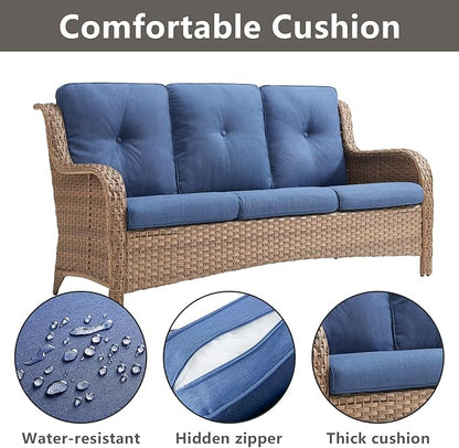 Outdoor Wicker Patio Furniture Set - 6 Piece Rattan Patio Conversation Set with 2 Rocking Swivel Chairs,2 Ottomans,1 Sofa and 1 Coffee Table for Porch Deck Backyard Garden(Yellow/Blue)