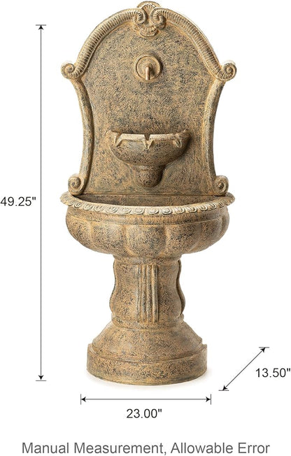 Glitzhome Outdoor Wall Mounted Water Fountain with LED Light and Pump, Antique European Style Multi-Tiered Faux Granite Sculptural Pedestal Outdoor Fountain for Porch Deck Patio Backyard, 49.25" H