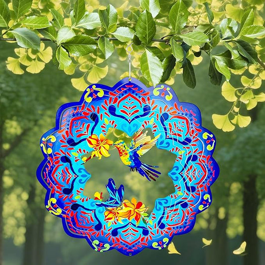 Wind Spinners 12 inch 3D Stainless Steel Laser Cut Metal Art Geometric Pattern Wind Sculpture Hanging for Garden Decorations Gifts Indoor Outdoor Blue