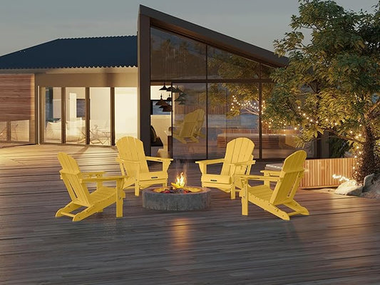 MUCHENGHY Folding Adirondack Chairs Set of 2, Patio Chairs, Lawn Chairs, Outdoor Chair, Adirondack Chair Plastic, Fire Pit, Weather Resistant with Cup Holder for Deck, Backyard, Garden(Olive Yellow)