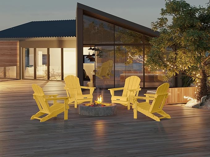 MUCHENGHY Folding Adirondack Chairs Set of 4, Patio Chairs, Lawn Chairs, Outdoor Chair, Adirondack Chair Plastic, Fire Pit, Weather Resistant with Cup Holder for Deck, Backyard, Garden(Olive Yellow)