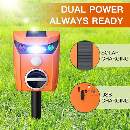 X-PEST Ultrasonic Animal Repeller Solar Powered Outdoor, 360° Ultrasonic Cat Repeller with LED Flashing Light, Waterproof Deer Repellent Devices for Repelling Sankes, Raccoons, Cats, Dogs, Rabbits