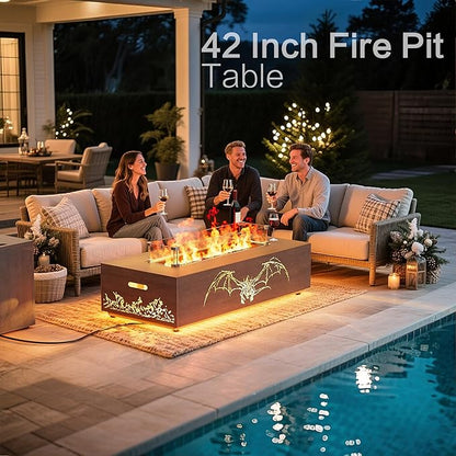 42" Outdoor Fire Pit Table, 50,000 BTU Gas Fire Pit with Glass Wind Guard, Fire Stones, Waterproof Cover, Propane Fire Pit Table for Outside Patio, Hollow-Out (Dragon, Brown)