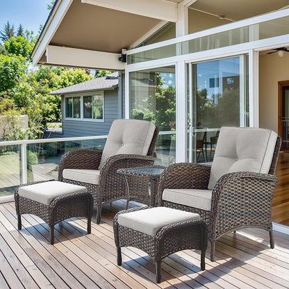 HUMMUH 5 Pieces Patio Furniture Set Wicker Outdoor Bistro Chairs with Ottomans Glass Top Side Table,Outdoor Conversation Set for Porch Deck Backyard Poolside