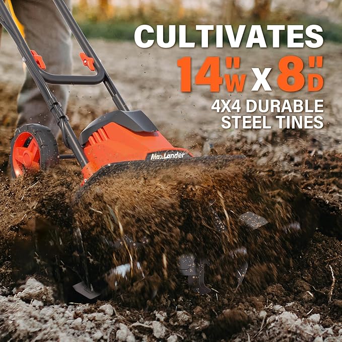 MAXLANDER Electric Tiller Cultivator, 14 Inch 12 Amp Corded Tiller for Gardening with Foldable Handle, 4 Steel Tines, Garden Rototiller with Wheels for Lawn Yard Soil Cultivation