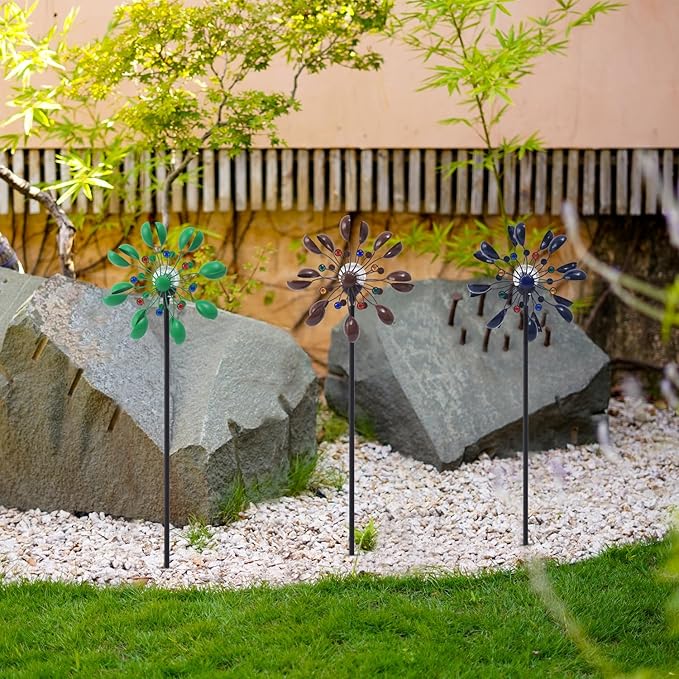 NUENUN Wind Spinner Outdoor Metal - Multi-Color Seasonal LED Lighting Solar Powered Glass Ball with Kinetic Wind Spinner Dual Direction for Patio Lawn & Garden (Coffee Ribbon Light)