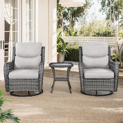 Patio Swivel Chairs with Smile-Shaped Cushions, 3 Piece High Back Patio Swivel Glider Chairs with Side Table 3PCS PE Rattan Luxury Swivel Patio Chairs Set Grey Wicker | Beige Cushions