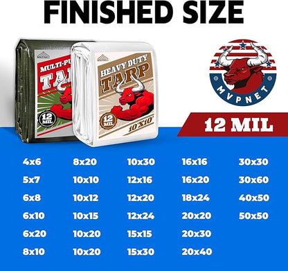 Tarp 20x30 ft Heavy Duty 12mil 100% Waterproof High Durability Multipurpose,Uv Resistant,White Tarp Suitable for Swimming Pools, Boats, Camping, Courtyards, Etc -by MVPNET