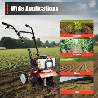Gas Mini Tiller Cultivator 52CC 2 Stroke Gasoline Powered Soil Garden Cultivator 11.8" Tilling Width Soil Tilling Machine Farm Plant Garden Yard Lawn Tilling