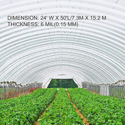 VEVOR Greenhouse Plastic Sheeting 24 x 50 ft, 6 Mil Thickness UV Resistant Clear Polyethylene Film, Hoop Green House Cover for Farms, Agriculture, Garden