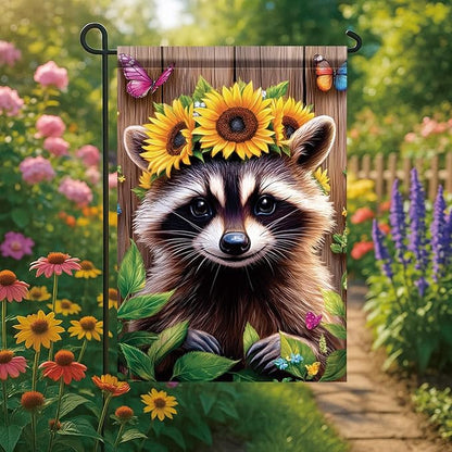 Summer Spring Garden Flag 12x18 Inch Double Sided Cute Raccoon Sunflower Crown Summer Yard Decoration Outdoor Rustic Banner for Porch Lawn Butterfly Floral Farmhouse Seasonal Decor