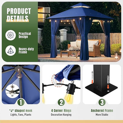 AOXUN Outdoor Gazebo for Patio 8x8, Metal Frame Canopy with Double Roofs, Heavy Duty Party Tent and Shelter with Mosquito Netting and Privacy Screen for Garden,Backyard, Lawn, Deck (Navy)