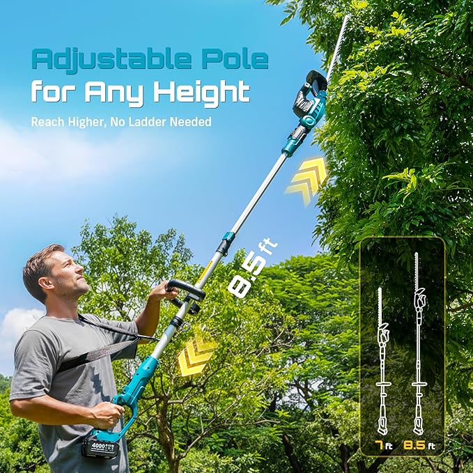 SEESII Pole & Cordless Hedge Trimmer 2-in-1: Electric Bush Trimmer with 20" Dual-Action Blade - 2 Pcs 4.0Ah Batteries, Telescopic Pole, Adjustable Rotating Head, Handheld Hedge Cutter for Tree Shrubs
