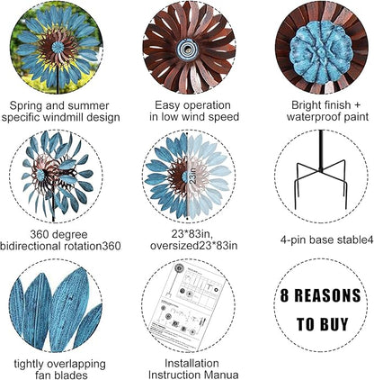 Garden Wind Spinners 360°, Outdoor Metal Windmill Yard Spinners Large 84 in Height 22 in Dia Dual Direction Dual Rotors Wind with Kinetic, Wind Spinner Outdoor Clearance for Yard and Garden Art Decor