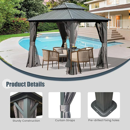 Domi 8' x 10' Hardtop Gazebo Permanent Metal Gazebo with Galvanized Steel Double Roof, Curtains and Netting for Party, Wedding, Outdoor Dining, Patio, Backyard, Grey