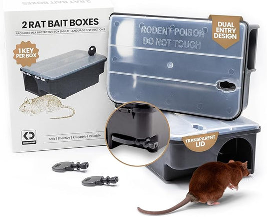 Köder-Discount Mouse & Rat Bait Station (Bait Not Included) – 2 Lockable Rat Bait Stations with Clear Lid & Dual Entry – Weather-Resistant, Tamper-Proof Rodent Trap (8.7 x 5.5 x 3.1)