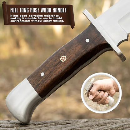 D2 Handmade 13 Inches Bowie Knife Full Tang Fixed Blade Knife with Sheath Hunting Knife with Along Wood Handle Ideal for Camping, Hiking, Survival And Bushcraft