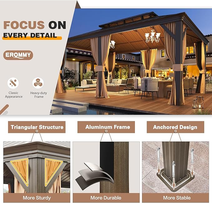 EROMMY 12'x18' Hardtop Gazebo,Galvanized Steel Double Roof Metal Gazebos with Curtain and Netting, Brown Permanent Pavilion Canopy with Aluminum Frame for Patios,Gardens,Lawns
