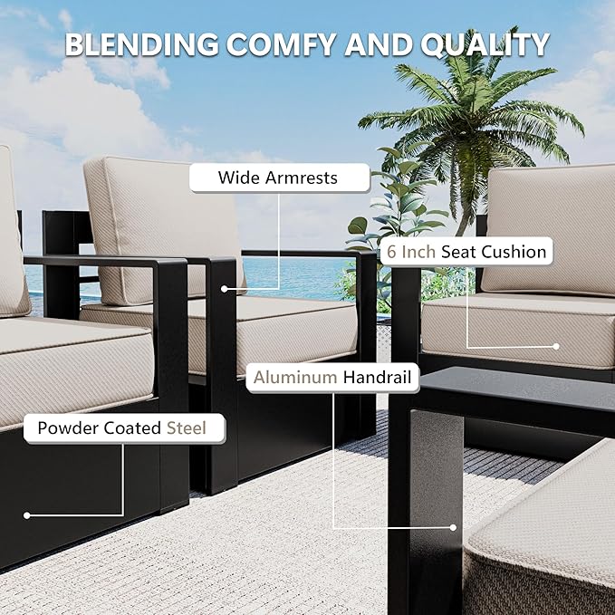 Outdoor Patio Furniture Set, 5-Piece Aluminum Patio Conversation Set All-Weather Metal Outdoor Sectional with 6 Inch Thick Cushions, Deep Setting for Garden, Outside and Porch