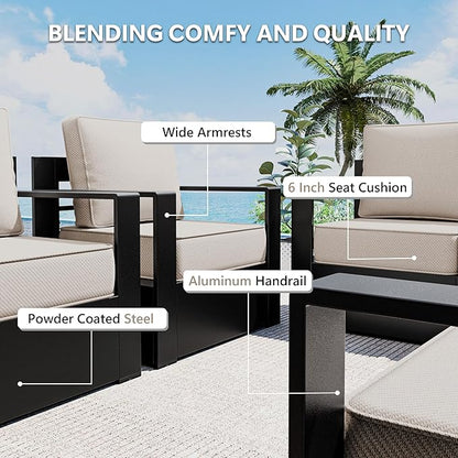Outdoor Patio Furniture Set, 6-Piece Aluminum Patio Conversation Set All-Weather Metal Outdoor Sectional with 6 Inch Thick Cushions, Deep Setting for Garden, Outside and Porch