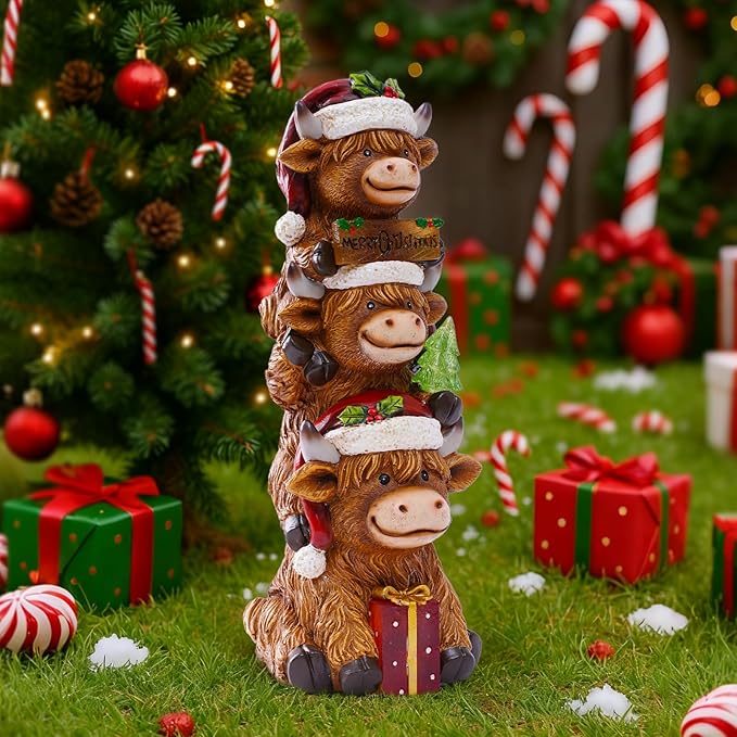 Christmas Highland Cow Decor with Solar Light Triple Highland Cow Christmas Decorations Gifts for Women Mom Funny Highland Cows Garden Statues for Garden Patio Lawn Yard Decor(Multicolor)