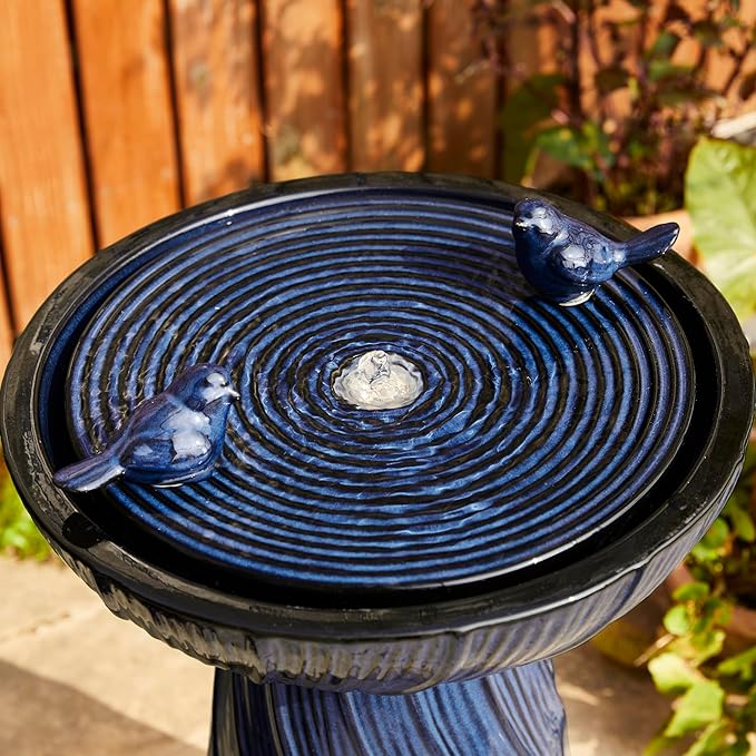 Glitzhome 24.75" H Outdoor Water Fountain with LED Light, Cobalt Blue Two Birds Twist Textured Floor-Standing Fountains, Ceramic Embossed Pattern Pedestal Water Fountain for Yard Patio Backyard