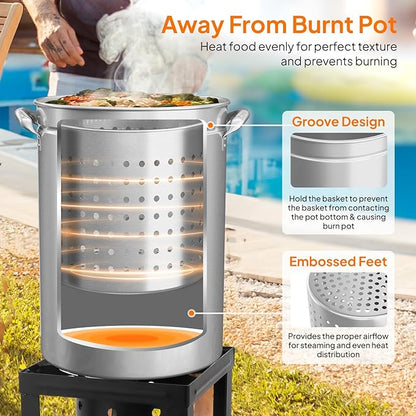 Bonnlo 44QT Turkey Fryer Pot with Steamer Basket, Lid & Lifting Hook, Stainless Steel Seafood Boil-Pot for Lobster, Crab & Shrimp, Heavy-Duty Deep Stockpot for Outdoor Boiling, Cooking & Frying
