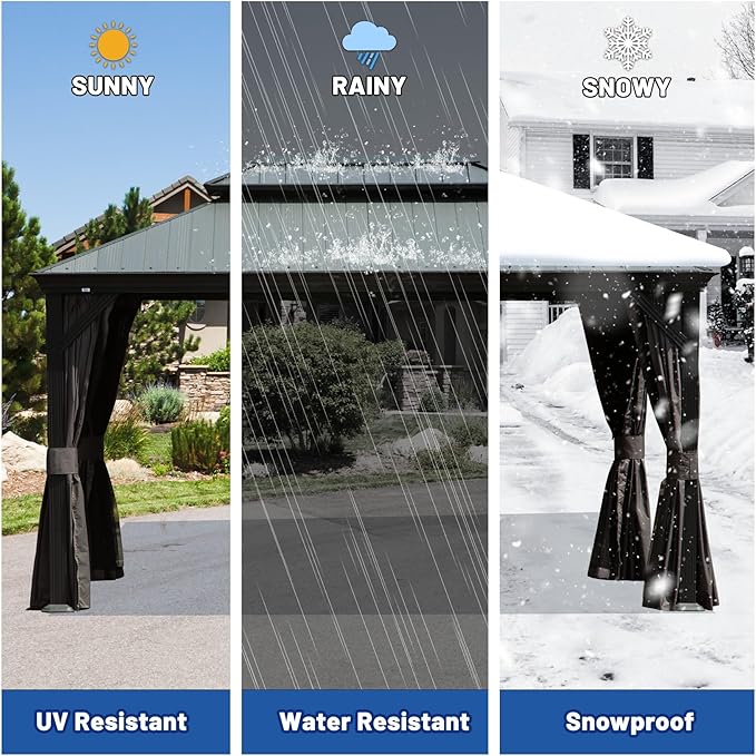Outdoor Hardtop Gazebo for Patio 12x16FT with Resin-Galvanized Steel Roof, Metal Hard Top Gazebo with Gutters, Heavy Duty Gazebos All Season with Curtains & Netting, for Deck, Backyard, Hot Tub