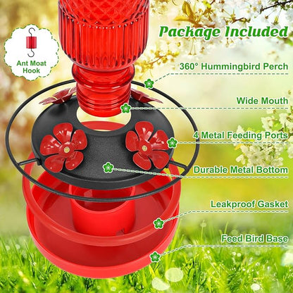 FEED GARDEN Glass Hummingbird Feeder for Outdoors Hanging, 16 OZ Humming Bird Feeders with 4 Bee Guard Feeding Ports & Built-in Ant Moat, Hummingbird Gifts for Mom Bird Feeder for Outside, Red,2 Pack