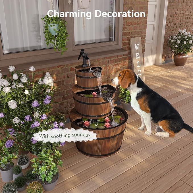 Aoxun 3-Tier Outdoor Water Fountain, Wood Barrel Cascading with Electric Decorative Hand Pump, Rustic Waterfall Fountain for Garden, Backyard, Patio, Porch, Yard