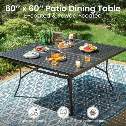 PHI VILLA 9 Pieces Square Outdoor Dining Table Set for 8, 60” Large Metal Steel Dining Table & Rattan Wicker Chairs with Cushions, Dining Furniture Set for Patio, Deck, Yard, Porch