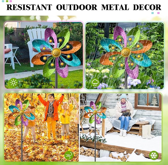 Metal Wind Spinners Outdoor, 360° Wind Sculpture Spinner with Metal Stake, Waterproof Spinners Green Kinetic Wind Spinner for Yard Lawn Decor (A- Colourful 2PC)